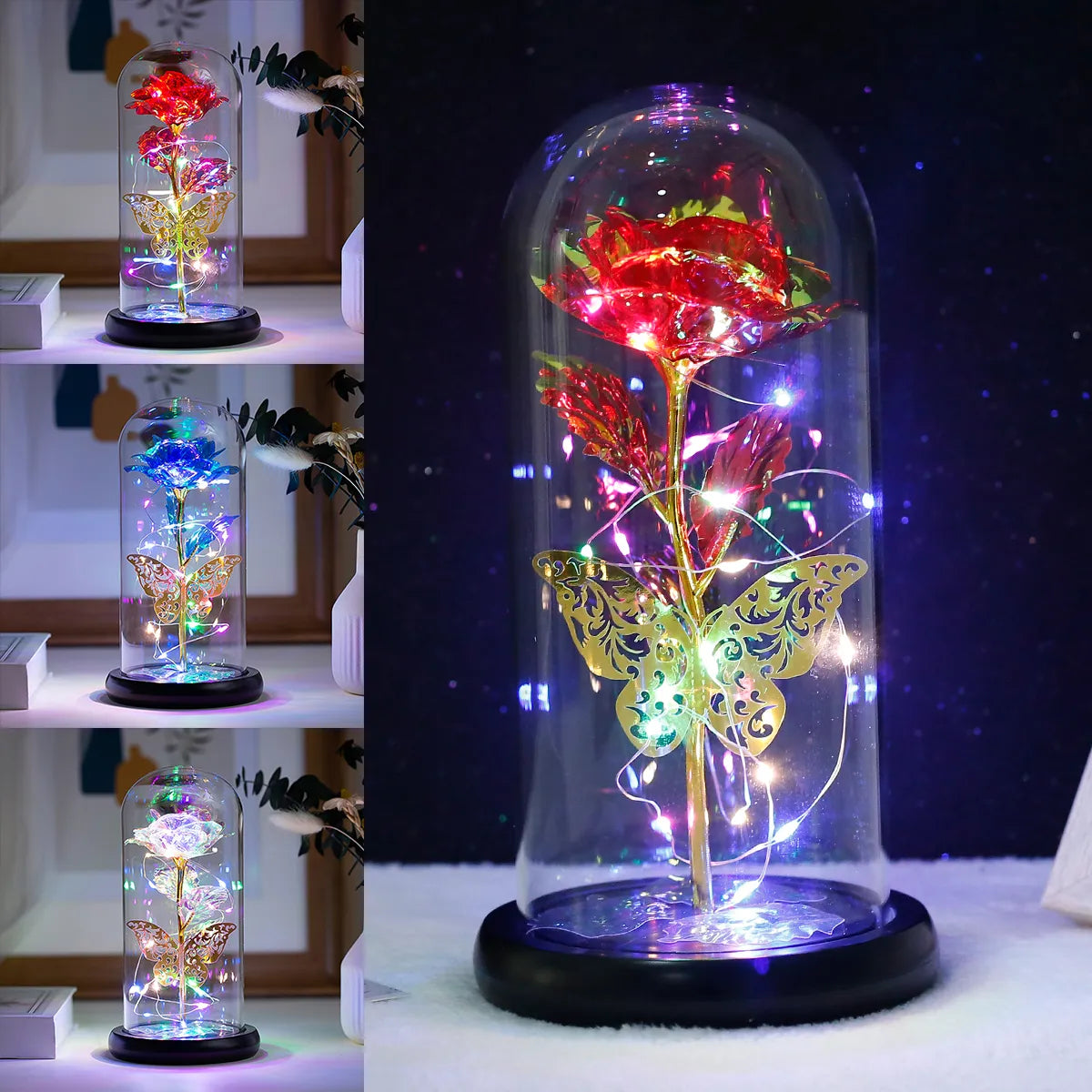 Rose Light Artificial Galaxy Rose Lamp with Butterfly and Colourful LED