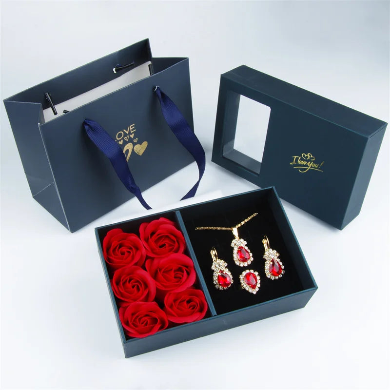 Ruby Gem Necklace Earrings Jewellery Suit Four Leaf Clover Jewellery