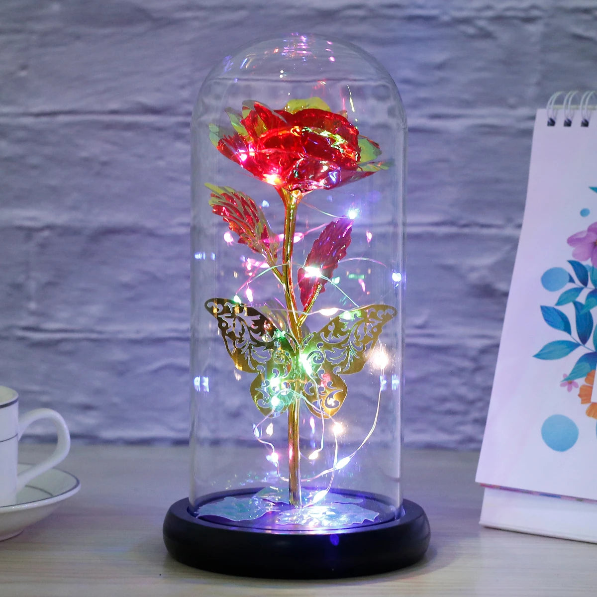 Rose Light Artificial Galaxy Rose Lamp with Butterfly and Colourful LED